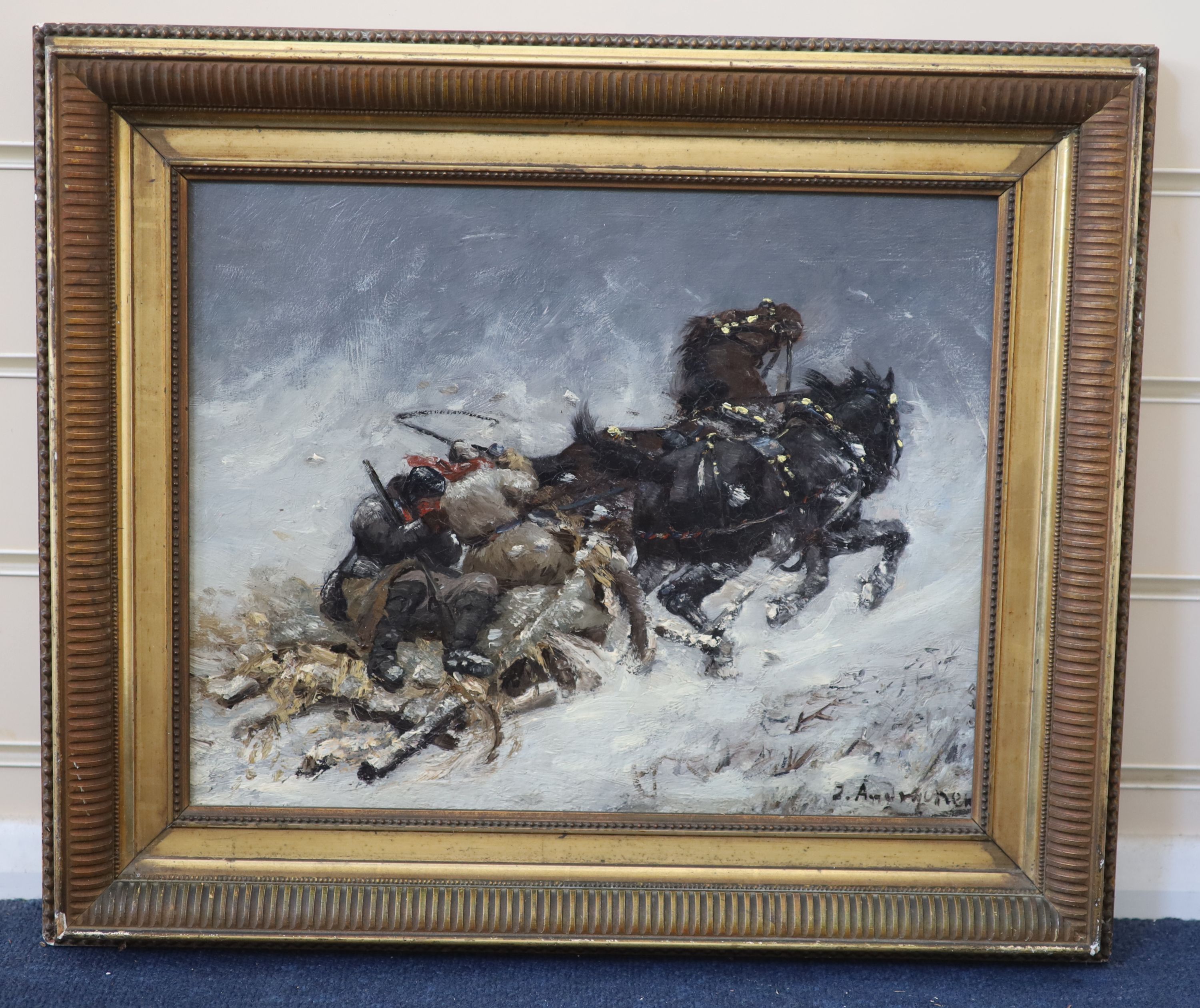 Russian School , Horse-drawn sleigh in winter, Oil on canvas, 30 x 38cm.